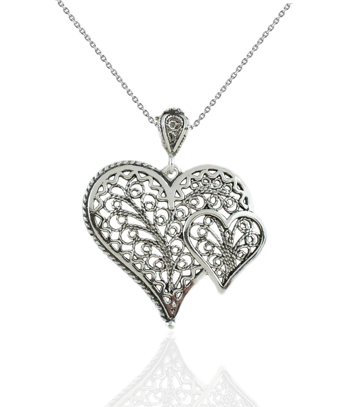 Sterling Silver Filigree Heart in Heart Pendant Necklace