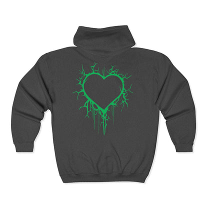 Lightning-Cracked Hollow Heart Zip Hoodie (in Electric Wicked Green) - (The Only Hearts Collection)