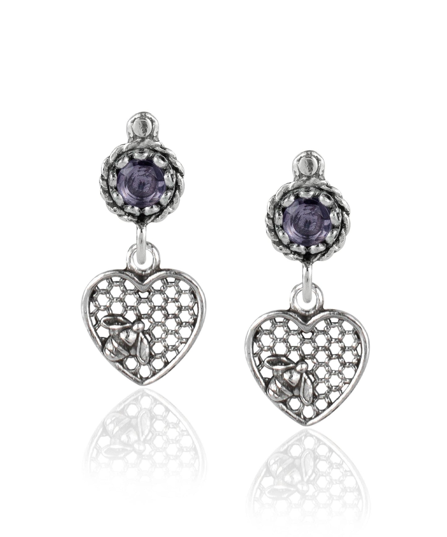 Bee on Honeycomb Heart Sterling Silver Gemstone Stud Earrings