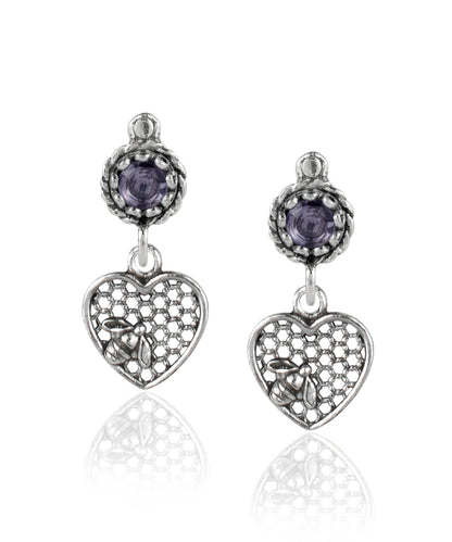 Bee on Honeycomb Heart Sterling Silver Gemstone Stud Earrings