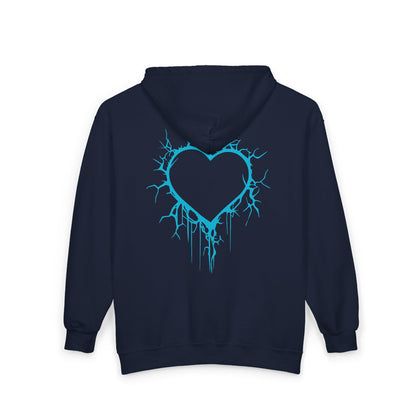 Lightning-Cracked Hollow Heart Zip Hoodie (in Electric Blue) - (The Only Hearts Collection)