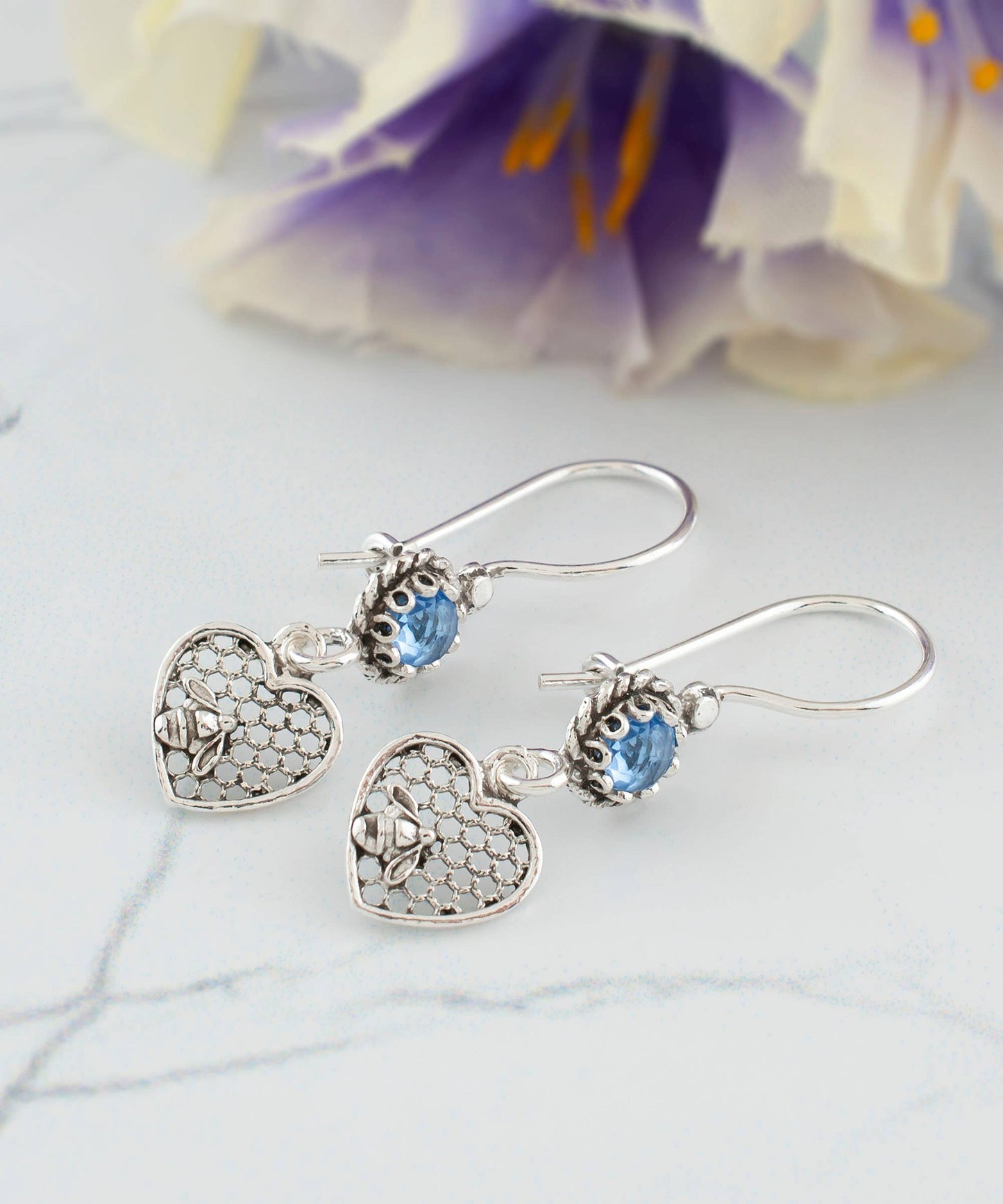 Bee on Honeycomb Heart - Gemstone Sterling Silver Dangle Drop Earrings