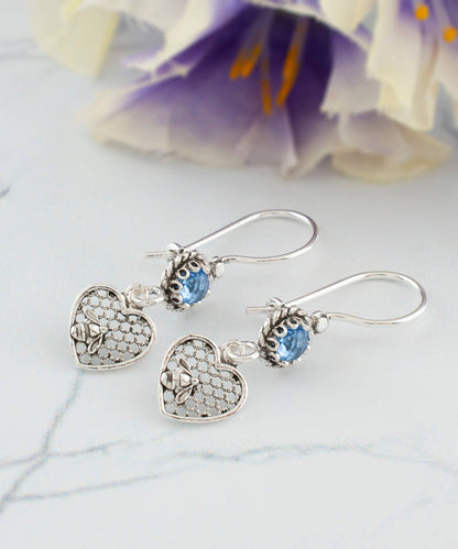 Bee on Honeycomb Heart - Gemstone Sterling Silver Dangle Drop Earrings