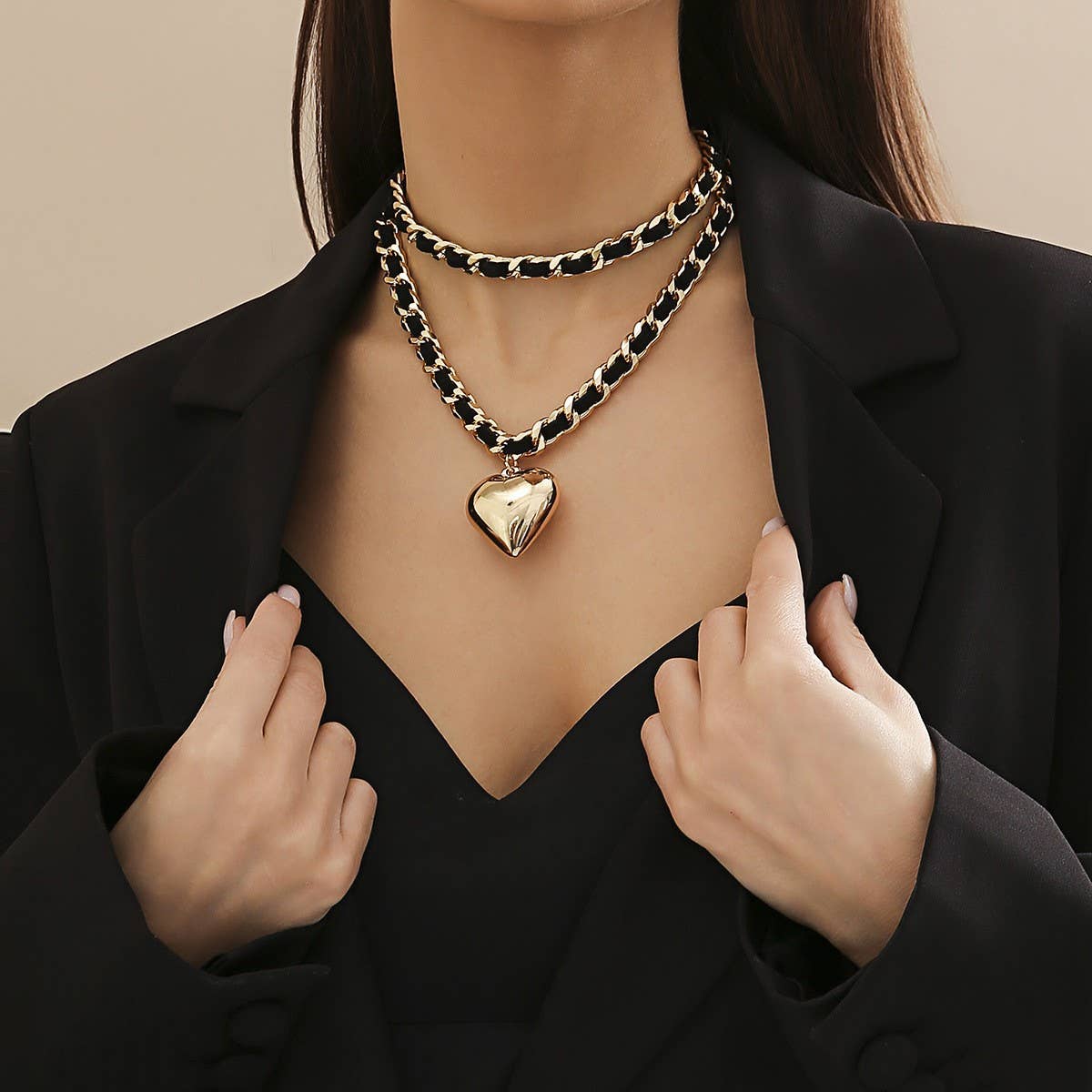 Leather and Chain Double-Layered Heart Necklace