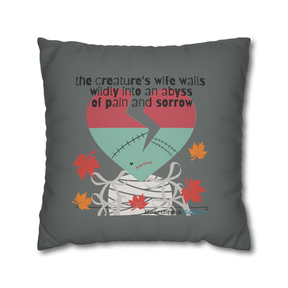 The Creature's Wife Wails Frankenstein Haiku - Faux Suede Square Pillowcase (in Moody Grey) - Frankenstein 2025 Makeover