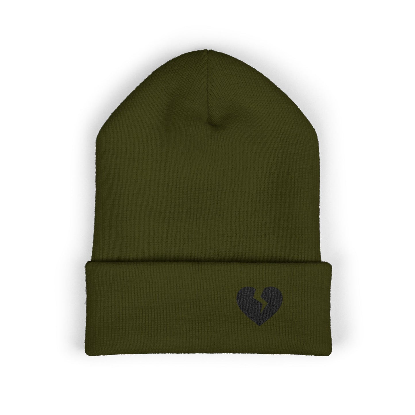 Embroidered Broken Heart Cuffed Beanie — Black-Heart Minimalist Knit Hat