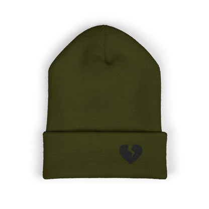 Embroidered Broken Heart Cuffed Beanie — Black-Heart Minimalist Knit Hat