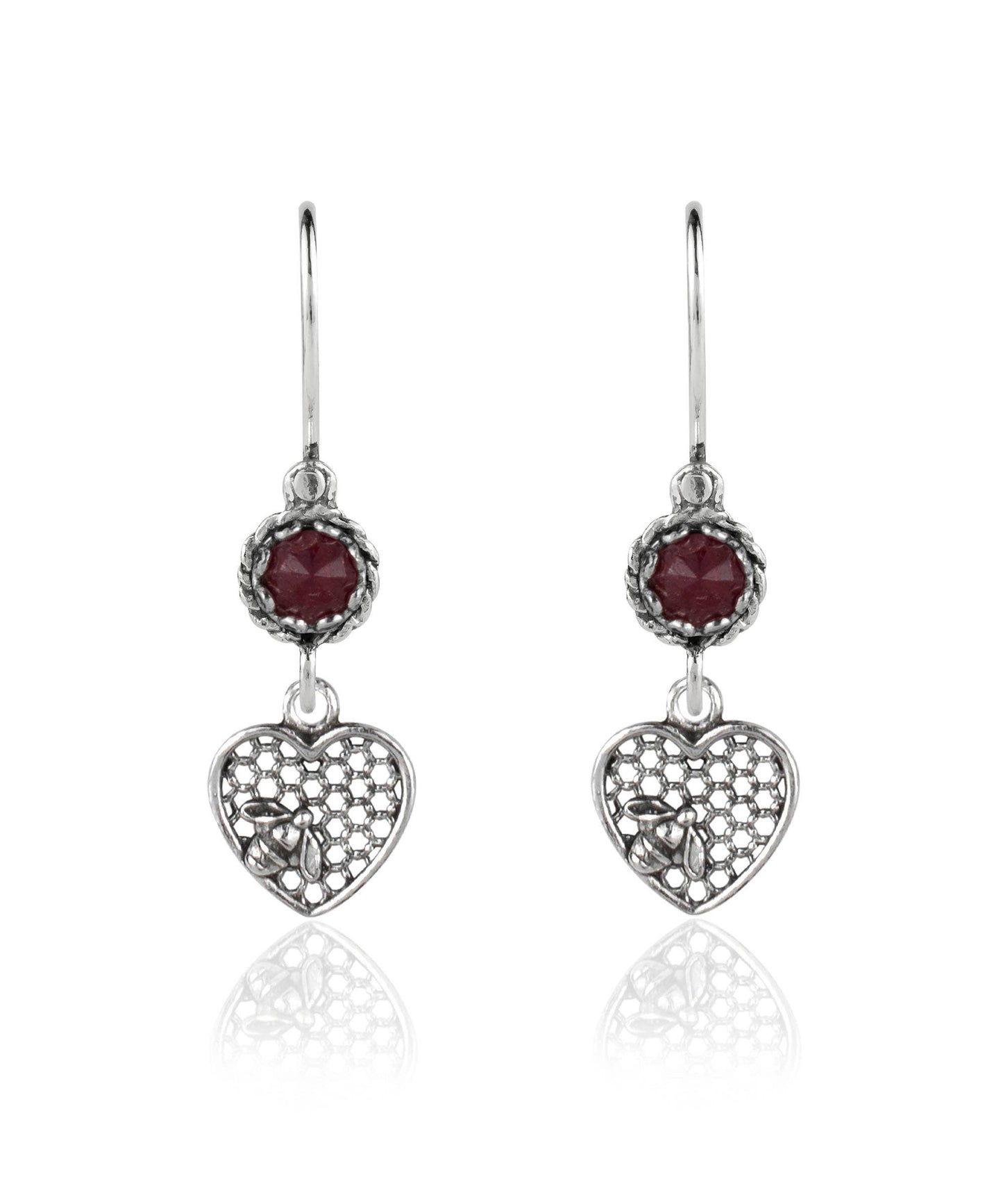 Bee on Honeycomb Heart - Gemstone Sterling Silver Dangle Drop Earrings