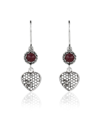 Bee on Honeycomb Heart - Gemstone Sterling Silver Dangle Drop Earrings