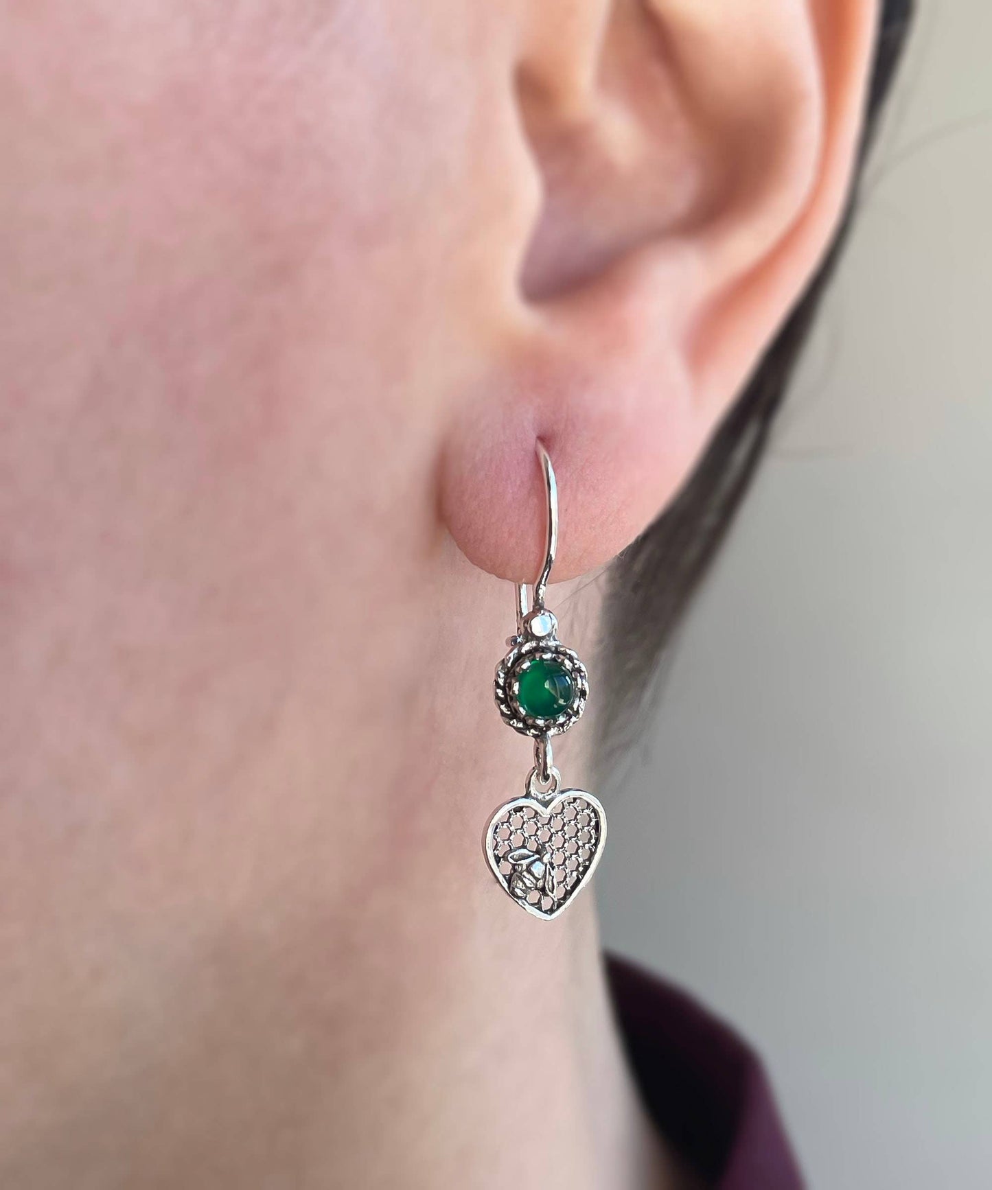 Bee on Honeycomb Heart - Gemstone Sterling Silver Dangle Drop Earrings