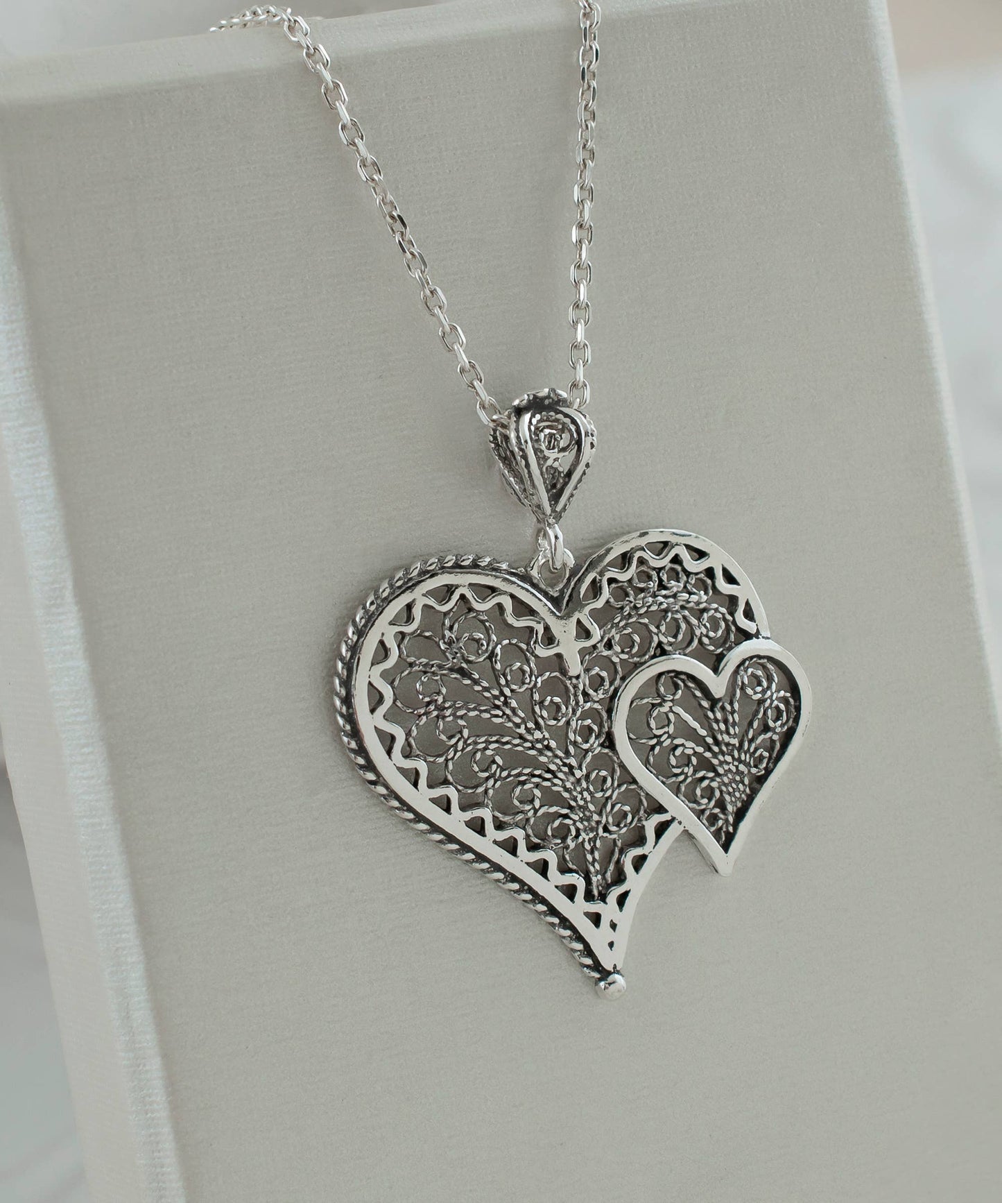 Sterling Silver Filigree Heart in Heart Pendant Necklace