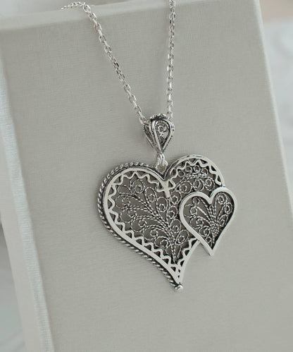 Sterling Silver Filigree Heart in Heart Pendant Necklace
