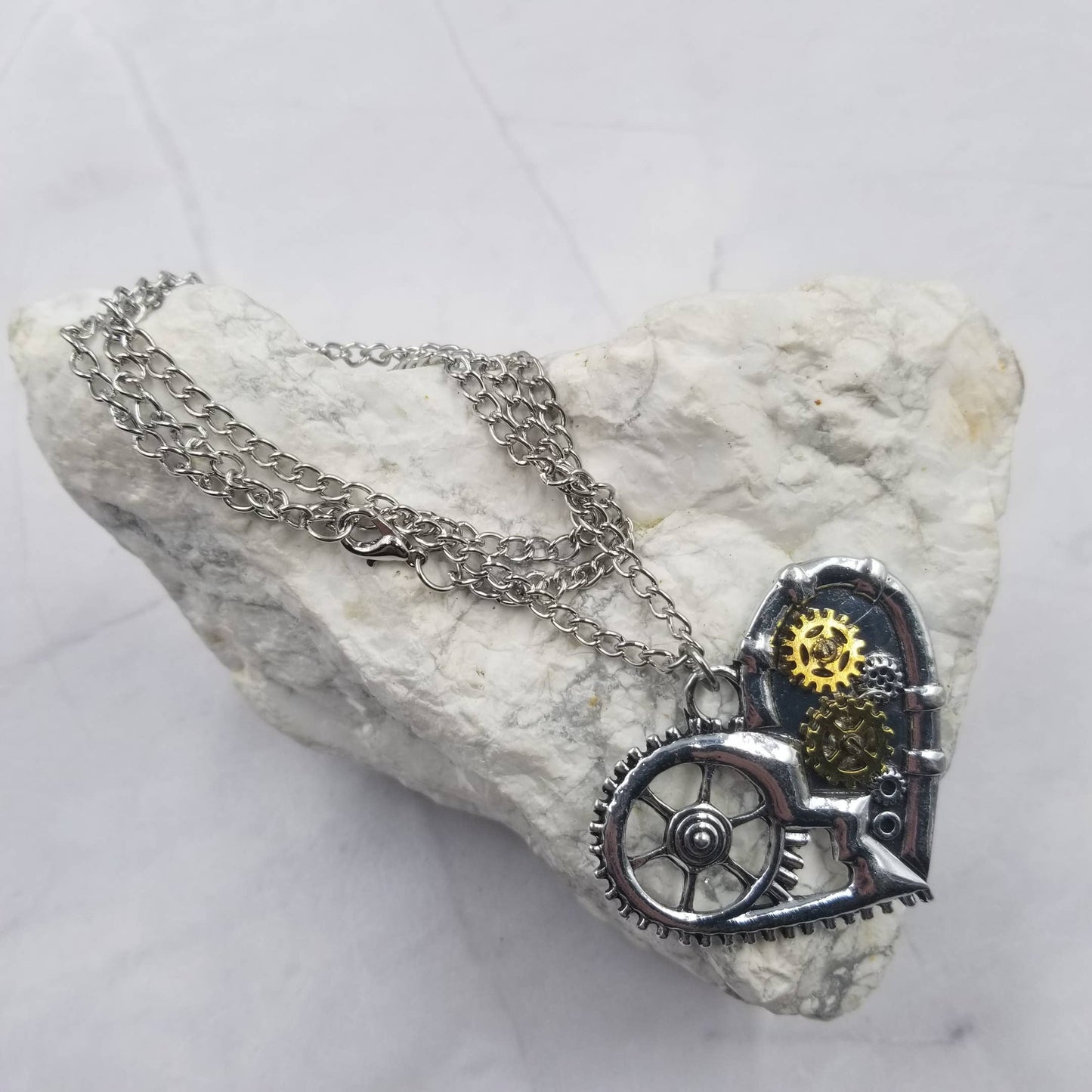 Chrome Steampunk Gear Heart Necklace