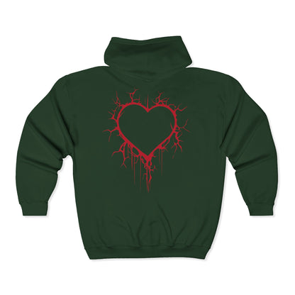 Cracked Hollow Heart Zip Hoodie — Alternative/Goth/Punk Bleeding Heart Full‑Zip Sweatshirt (The Only Hearts Collection)
