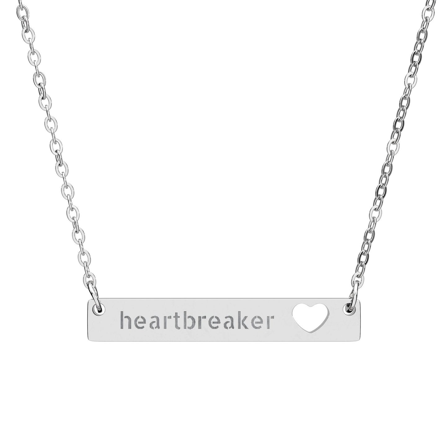 Cutout Heart Bar Necklace — Engraved “heartbreaker” Pendant