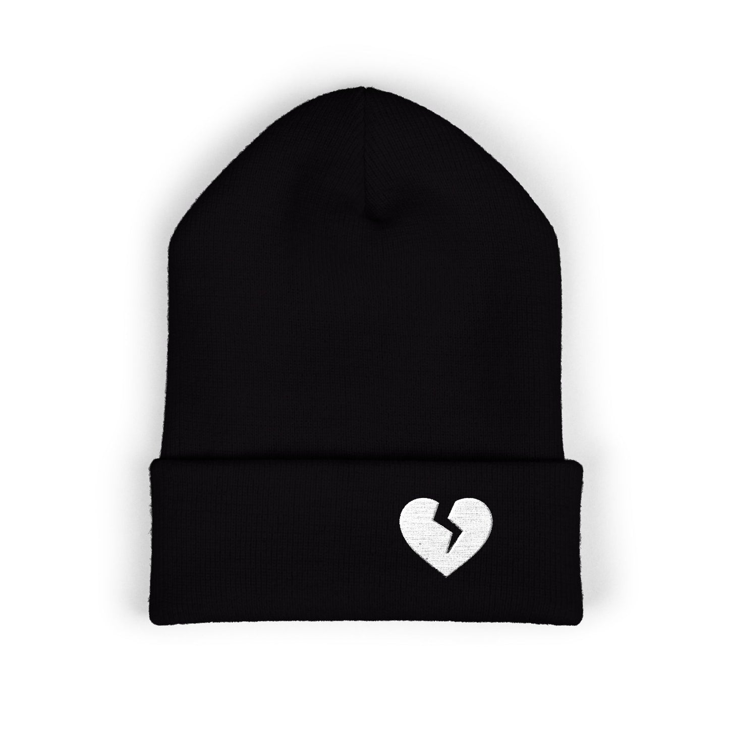 Embroidered Broken Heart Cuffed Beanie — White-Heart Minimalist Knit Hat