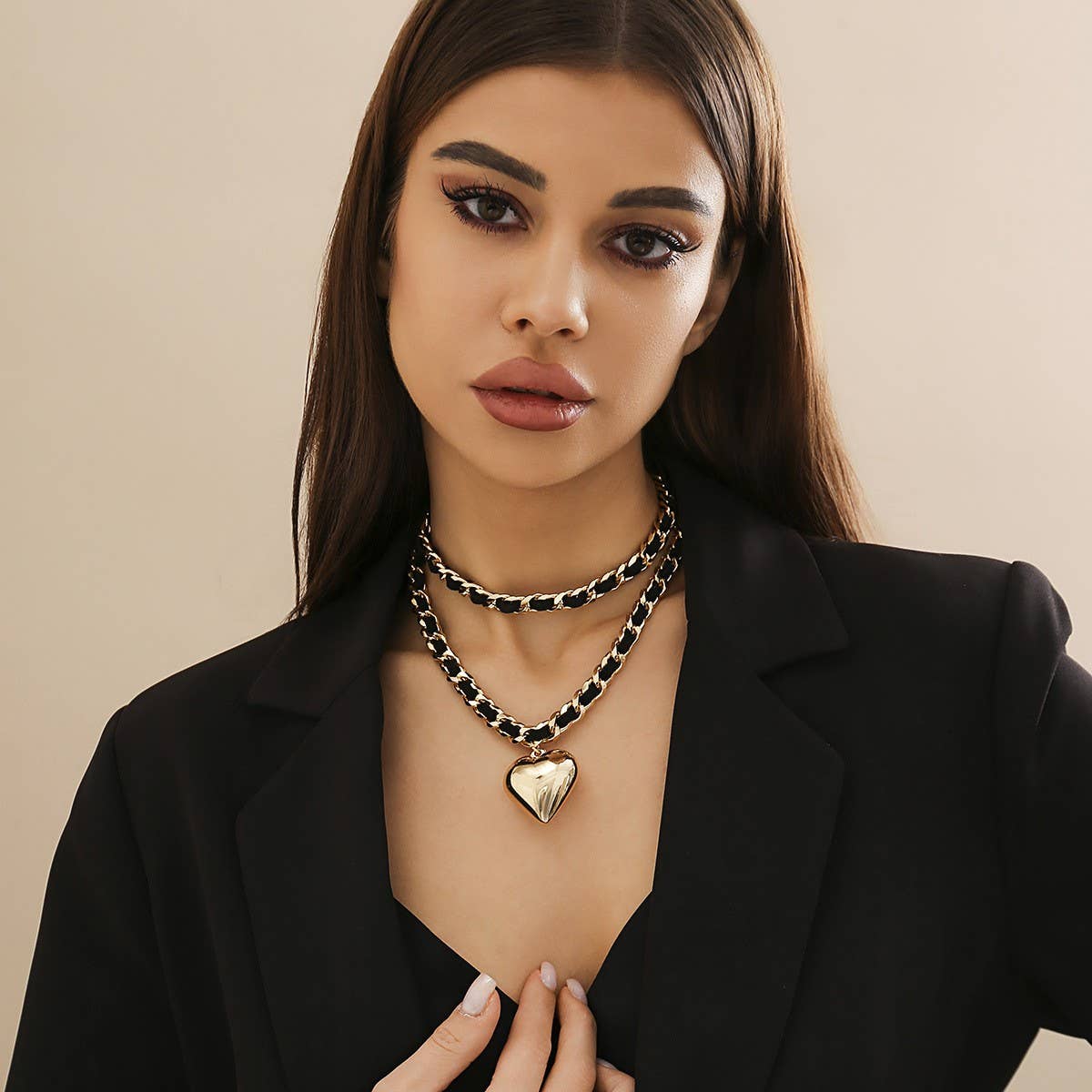 Leather and Chain Double-Layered Heart Necklace
