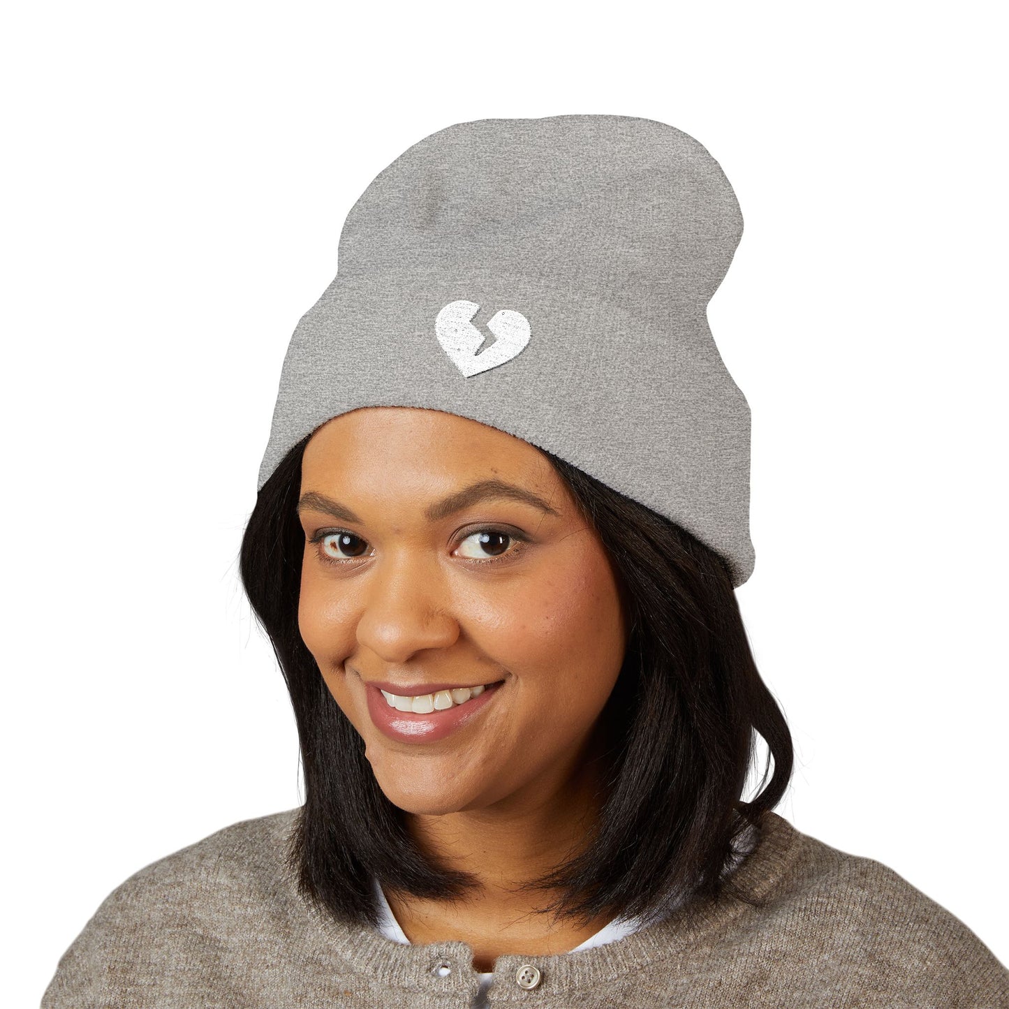 Embroidered Broken Heart Cuffed Beanie — White-Heart Minimalist Knit Hat
