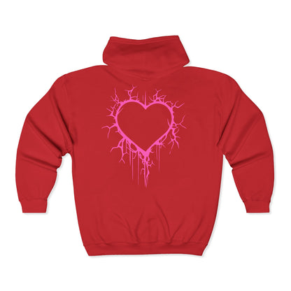 Lightning-Cracked Hollow Heart Zip Hoodie — Alternative/Goth/Punk Bleeding Heart Full‑Zip Sweatshirt in Electric Pink (The Only Hearts Collection)