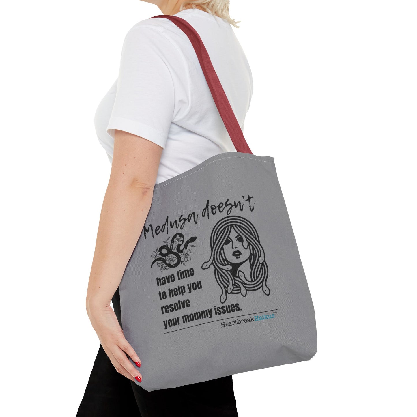 Medusa and Your Mommy Haiku - Tote Bag (Dual-sided print in Stone Grey)