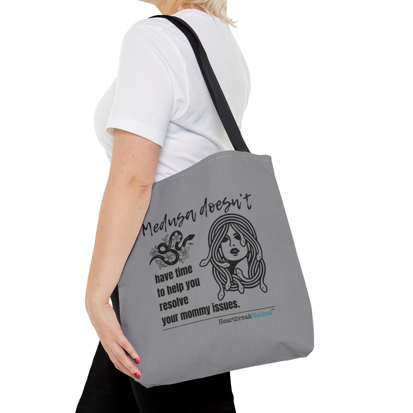 Medusa and Your Mommy Haiku - Tote Bag (Dual-sided print in Stone Grey)