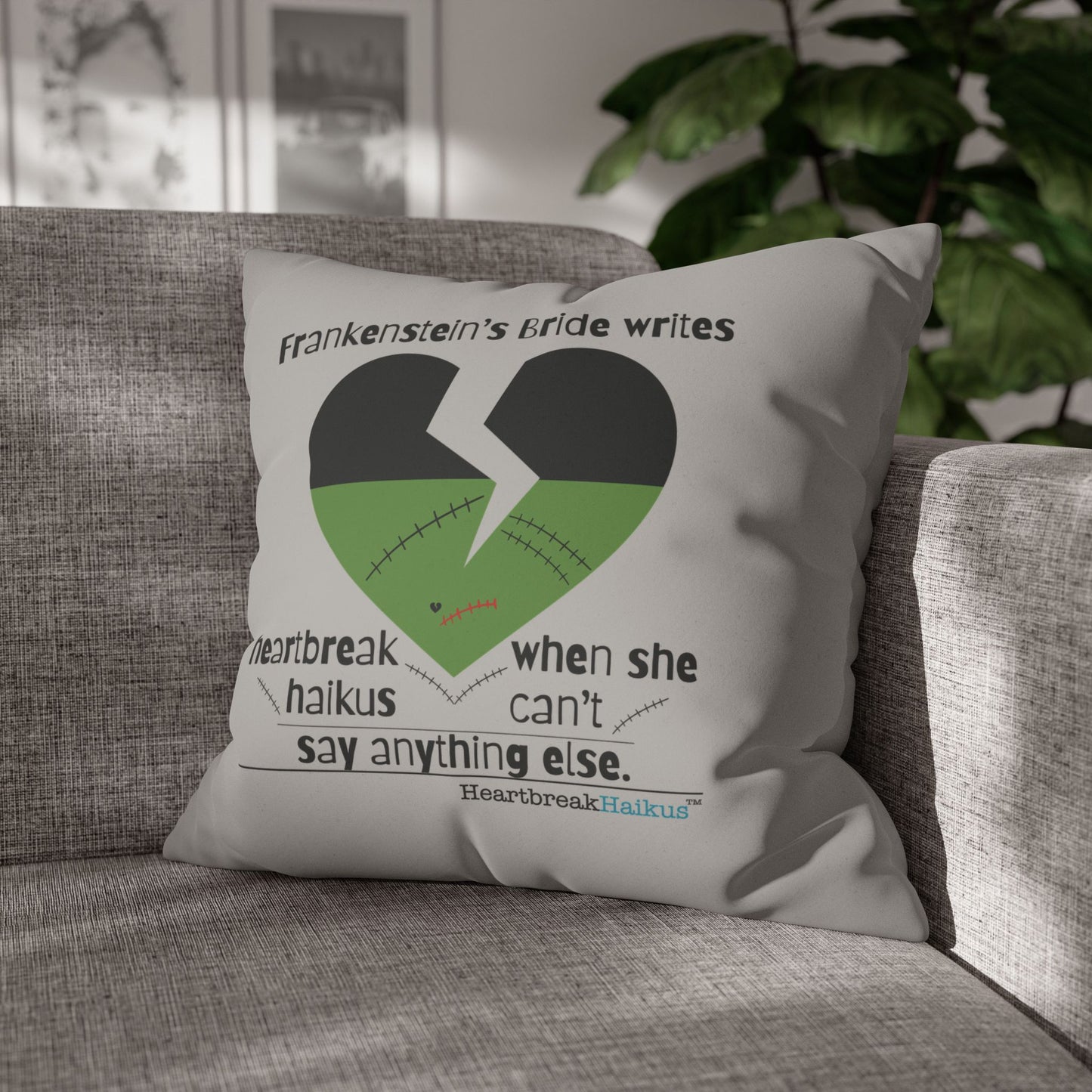 Frankenstein's Bride Writes Heartbreak Haikus - Faux Suede Square Pillowcase (in light grey)