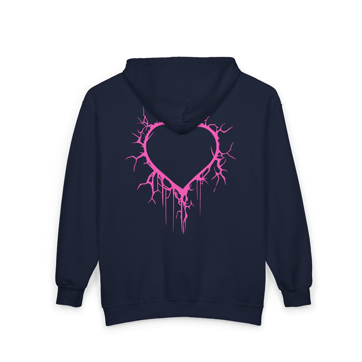 Lightning-Cracked Hollow Heart Zip Hoodie — Alternative/Goth/Punk Bleeding Heart Full‑Zip Sweatshirt in Electric Pink (The Only Hearts Collection)