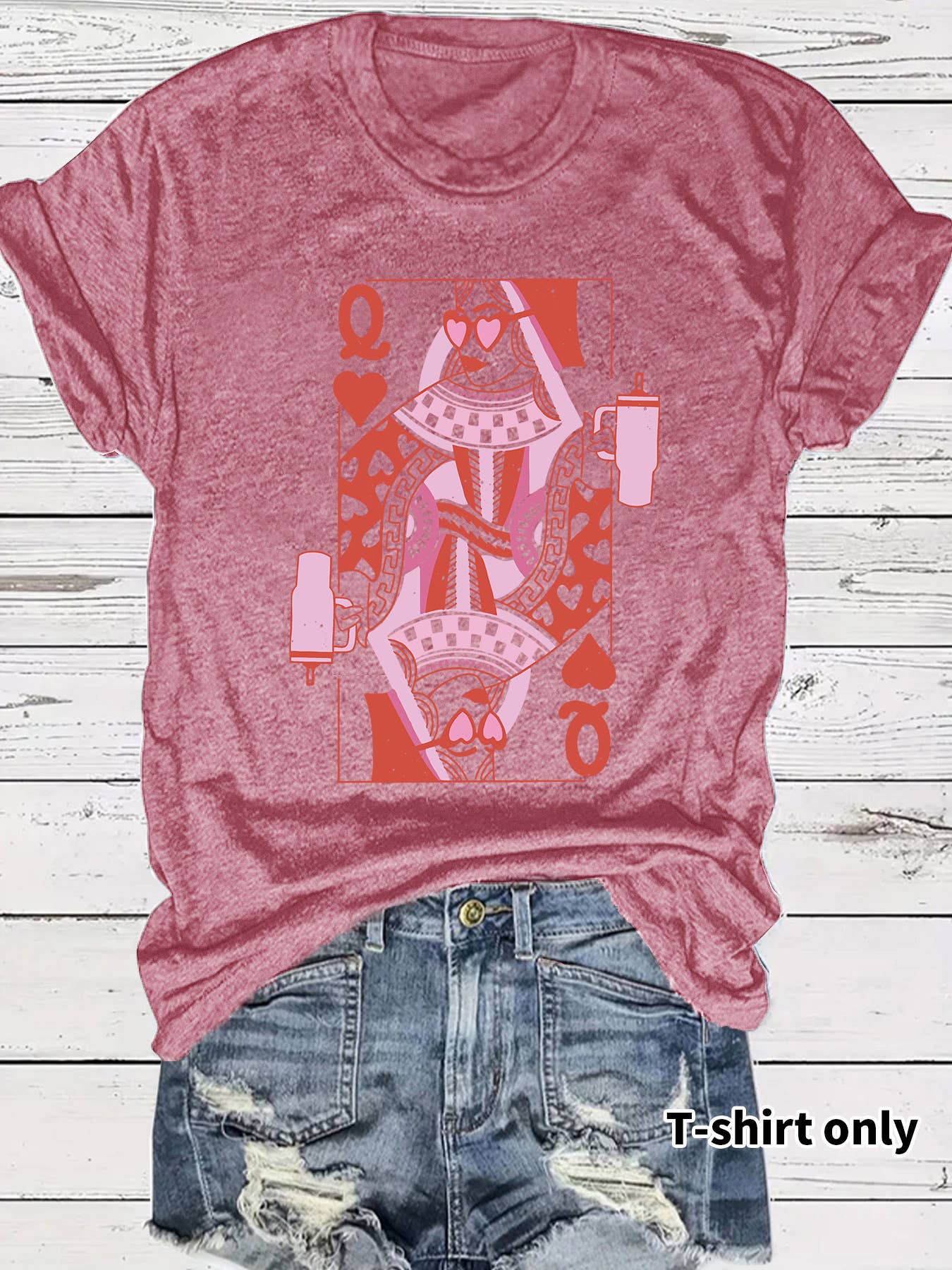 Queen of Hearts Poker Tumbler Graphic Short-sleeve T-shirt