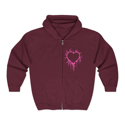 Lightning-Cracked Hollow Heart Zip Hoodie — Alternative/Goth/Punk Bleeding Heart Full‑Zip Sweatshirt in Electric Pink (The Only Hearts Collection)