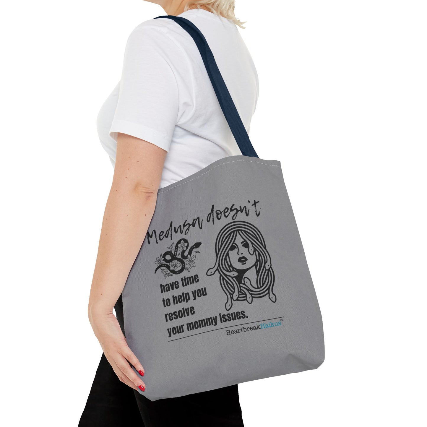 Medusa and Your Mommy Haiku - Tote Bag (Dual-sided print in Stone Grey)