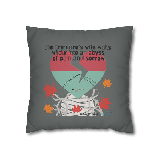 The Creature's Wife Wails Frankenstein Haiku - Faux Suede Square Pillowcase (in Moody Grey) (Modern Frankenstein Design)