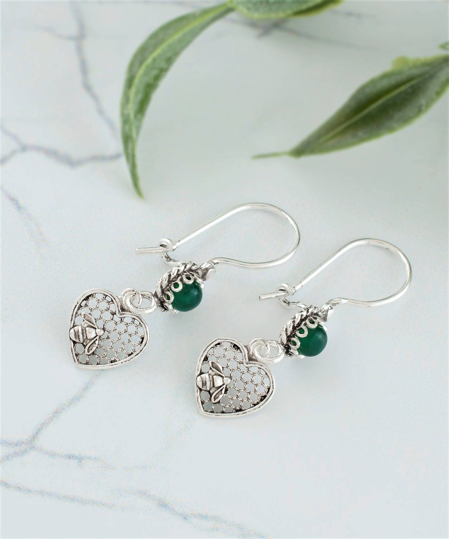 Bee on Honeycomb Heart - Gemstone Sterling Silver Dangle Drop Earrings