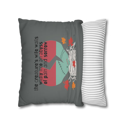 The Creature's Wife Wails Frankenstein Haiku - Faux Suede Square Pillowcase (in Moody Grey) - Frankenstein 2025 Makeover
