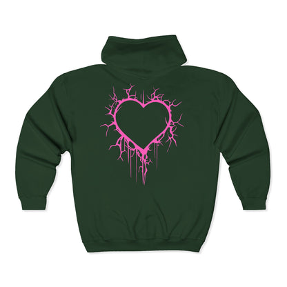 Lightning-Cracked Hollow Heart Zip Hoodie — Alternative/Goth/Punk Bleeding Heart Full‑Zip Sweatshirt in Electric Pink (The Only Hearts Collection)