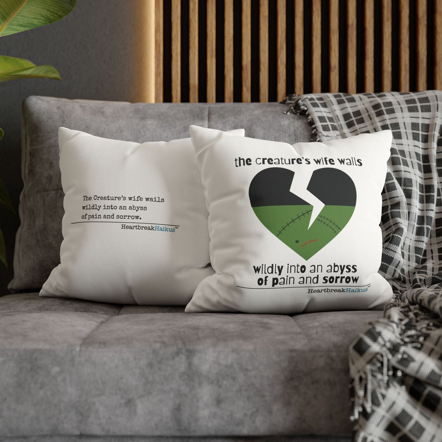 The Creature's Wife Wails Frankenstein Haiku - Faux Suede Square Pillowcase (in Snow White)