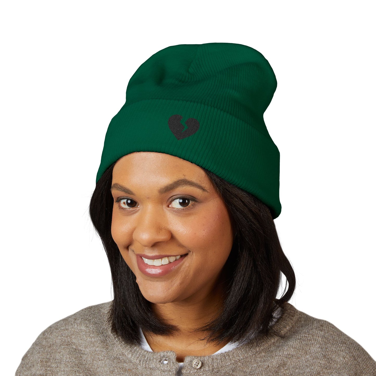 Embroidered Broken Heart Cuffed Beanie — Black-Heart Minimalist Knit Hat