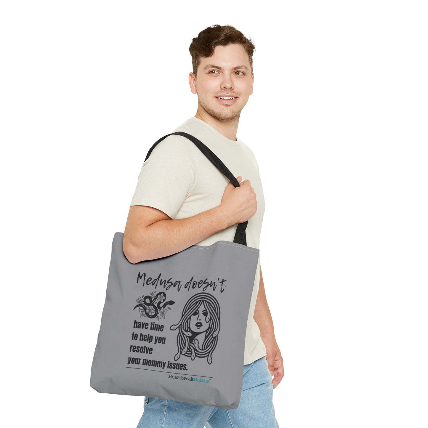 Medusa and Your Mommy Haiku - Tote Bag (Dual-sided print in Stone Grey)