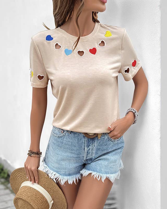 Embroidered and Hollow-Heart Short-Sleeved T-Shirt