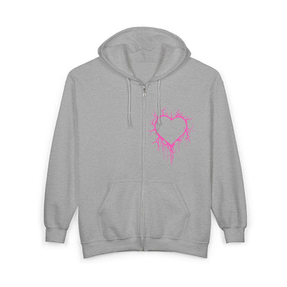 Lightning-Cracked Hollow Heart Zip Hoodie — Alternative/Goth/Punk Bleeding Heart Full‑Zip Sweatshirt in Electric Pink (The Only Hearts Collection)