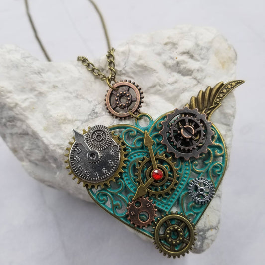 Mixed-Metals Steampunk Heart Pendant Necklace