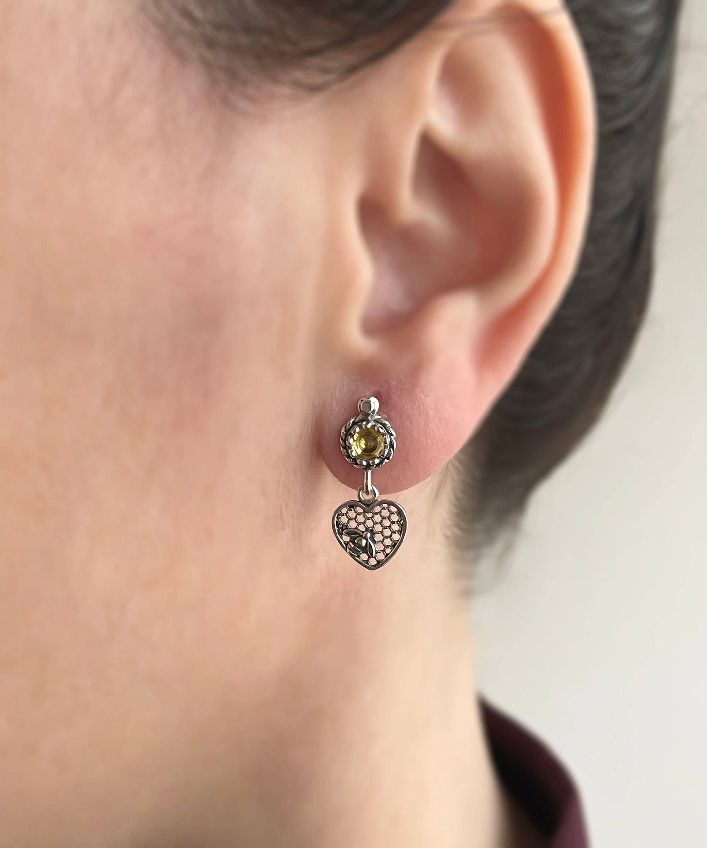Bee on Honeycomb Heart Sterling Silver Gemstone Stud Earrings