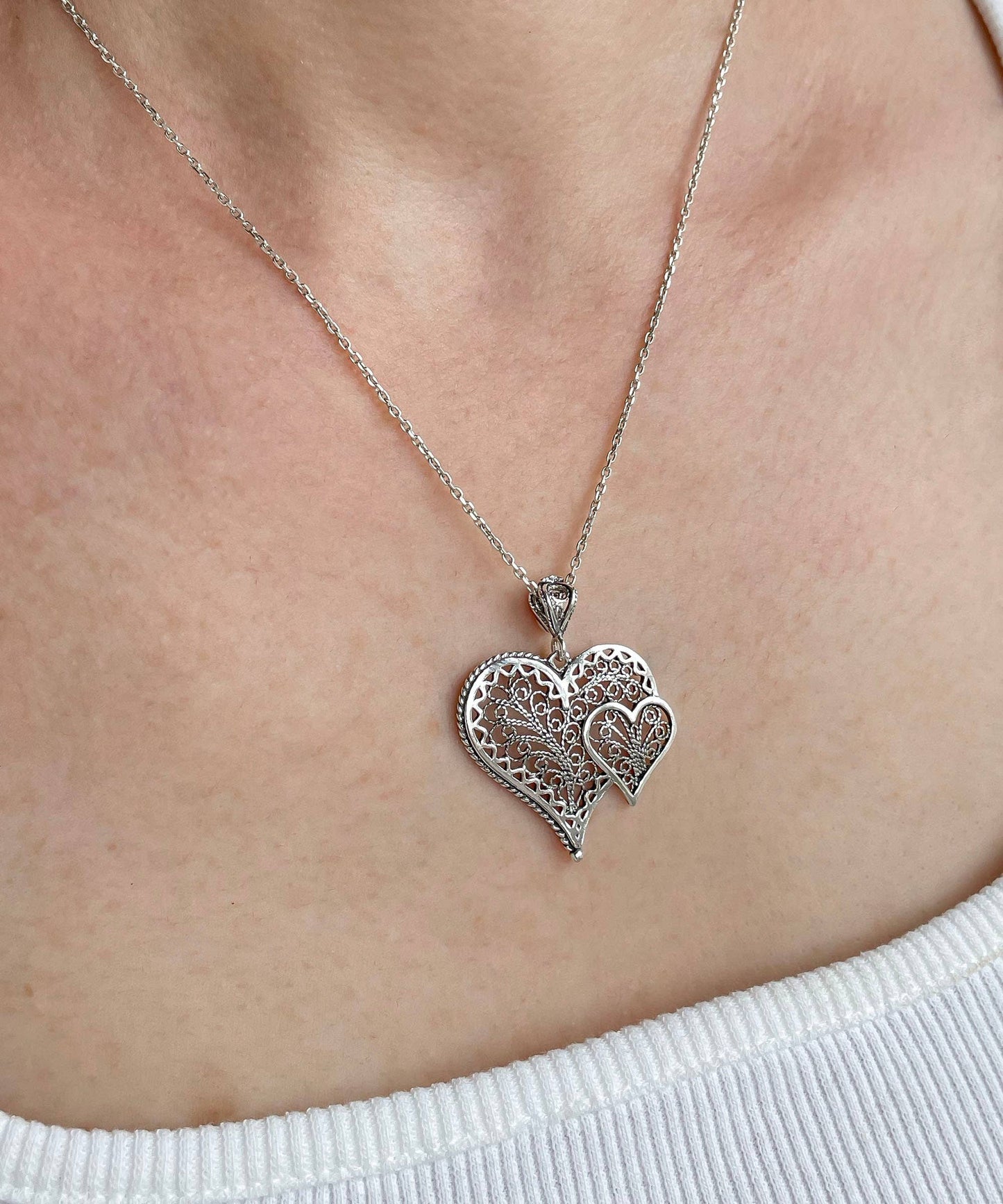 Sterling Silver Filigree Heart in Heart Pendant Necklace