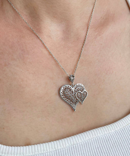 Sterling Silver Filigree Heart in Heart Pendant Necklace