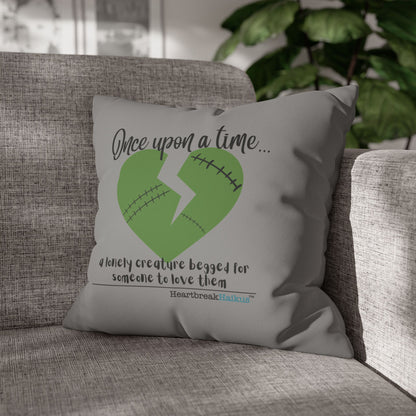 A Lonely Creature Begged Frankenstein Haiku - Faux Suede Square Pillowcase (in Stone Grey)