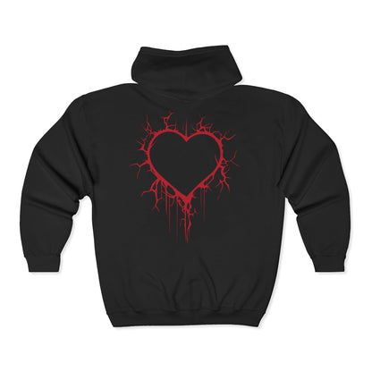Cracked Hollow Heart Zip Hoodie — Alternative/Goth/Punk Bleeding Heart Full‑Zip Sweatshirt (The Only Hearts Collection)