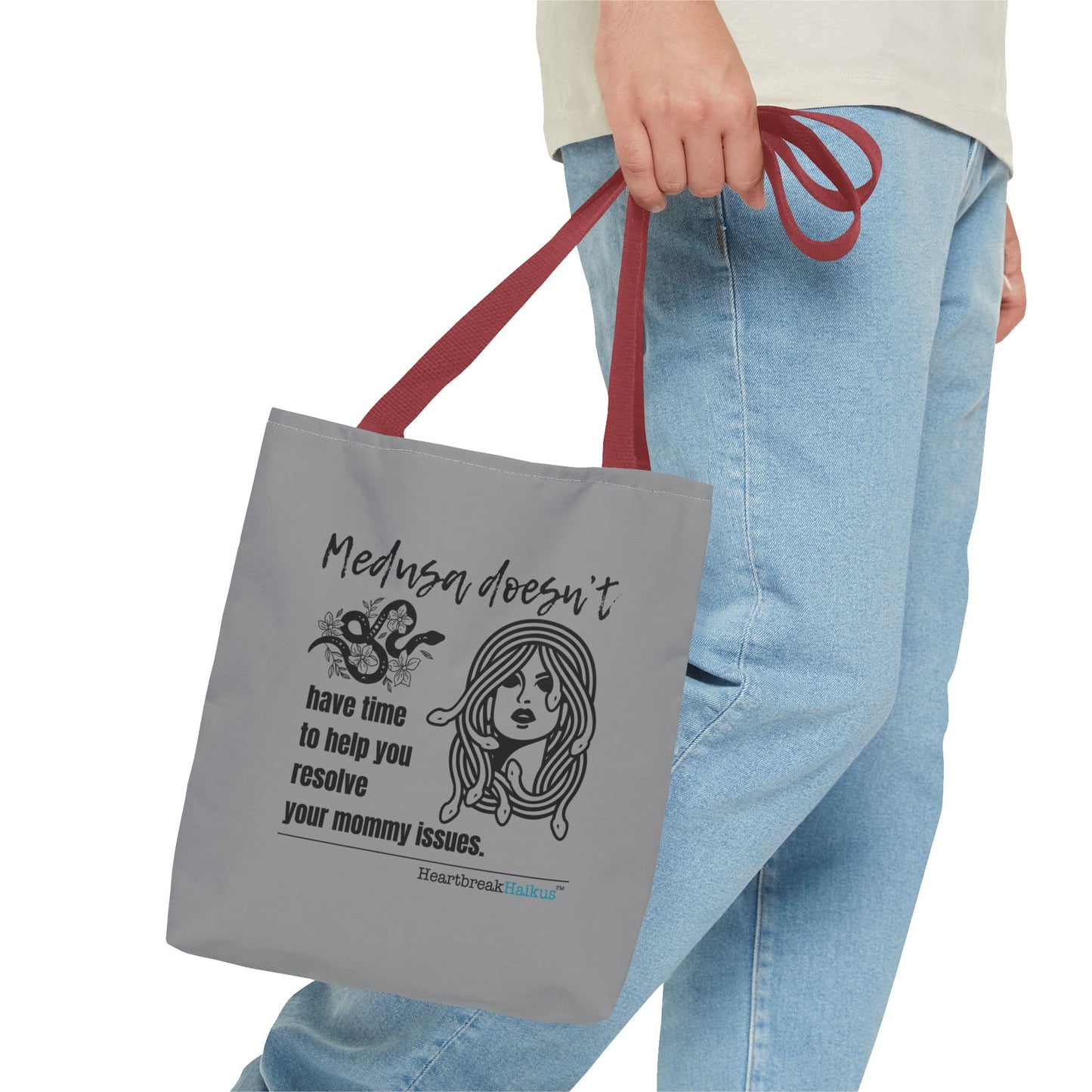 Medusa and Your Mommy Haiku - Tote Bag (Dual-sided print in Stone Grey)