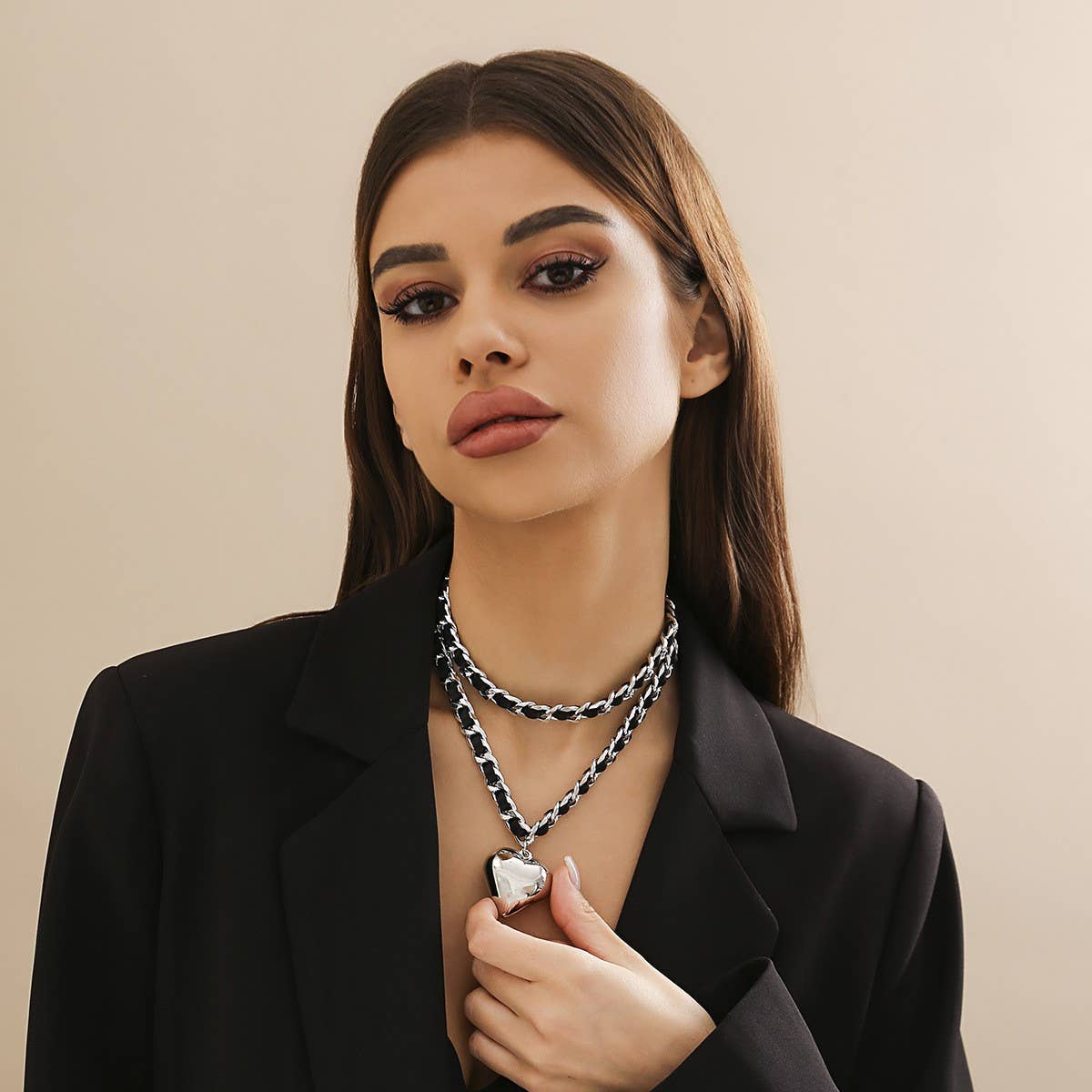 Leather and Chain Double-Layered Heart Necklace