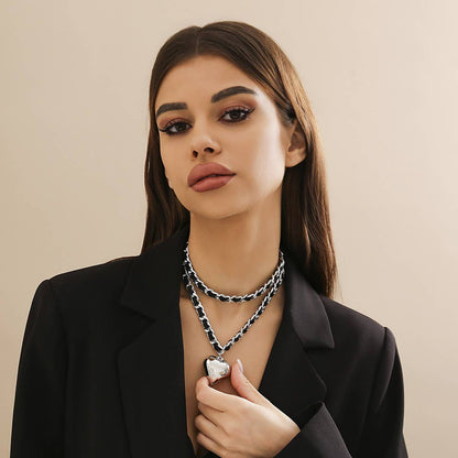 Leather and Chain Double-Layered Heart Necklace