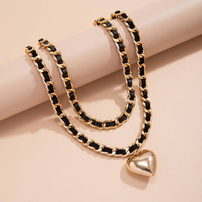 Leather and Chain Double-Layered Heart Necklace