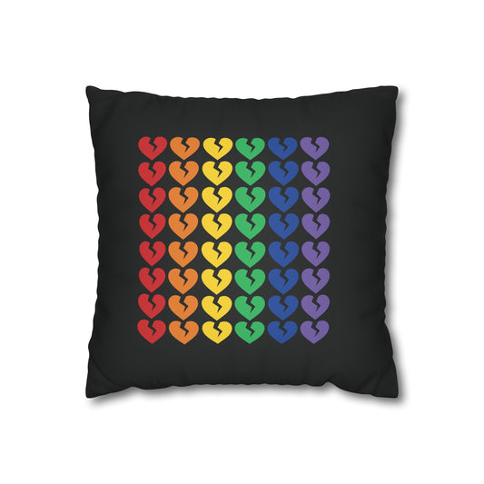 Rainbow Broken Hearts (on Midnight Black) - Faux Suede Square Pillowcase (Only Hearts Collection)
